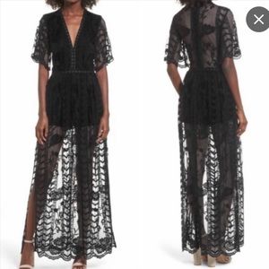 Black Lace Shorts Romper with Long Train